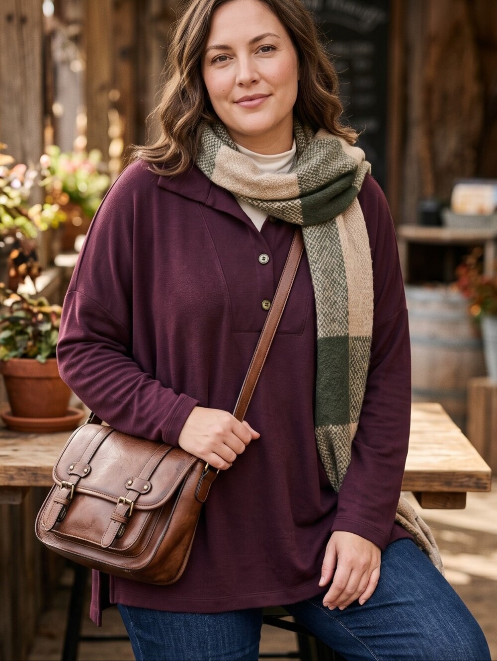 Pure Jill Burgundy Tranquility Fleece Tunic Sweatshirt Henley Coastal Grandma 3x